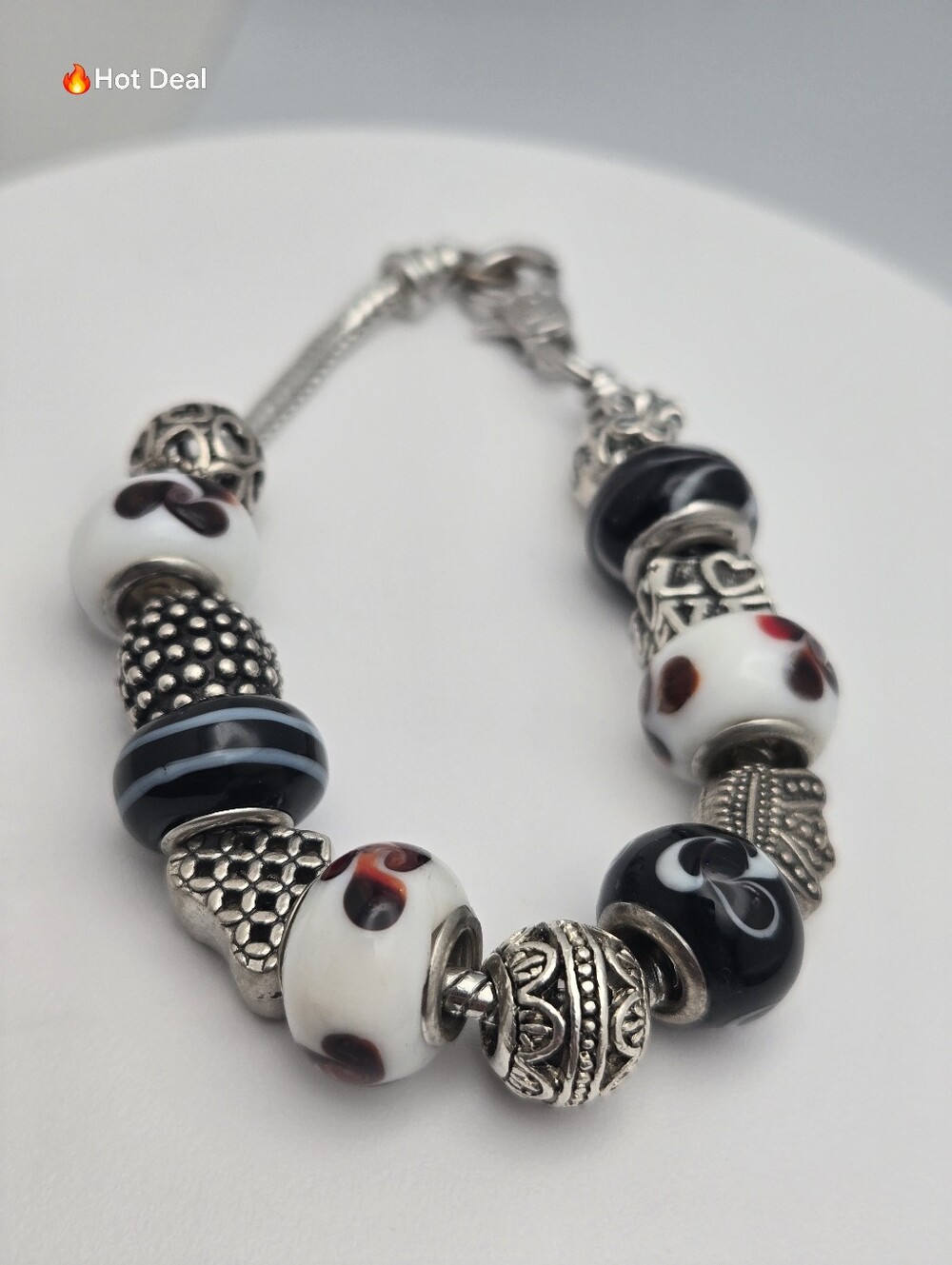 Black White Murano Glass Charm Bracelet Crown Money Bag Love 7.5" Pandora Style